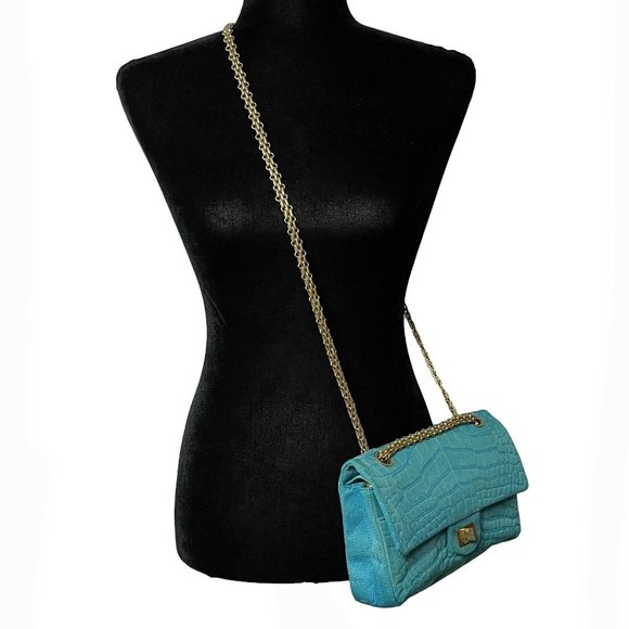CHANEL - Reissue Small 2.55 Satin Crocodile Stitche - Turquoise / Gold Crossbody - Picture 15 of 15